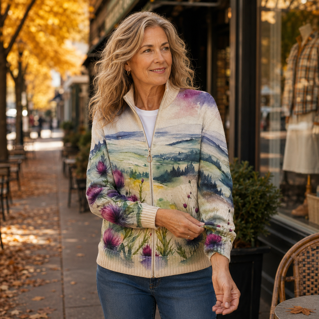 Martina | Zip-Strickjacke mit Landschaftsmotiv