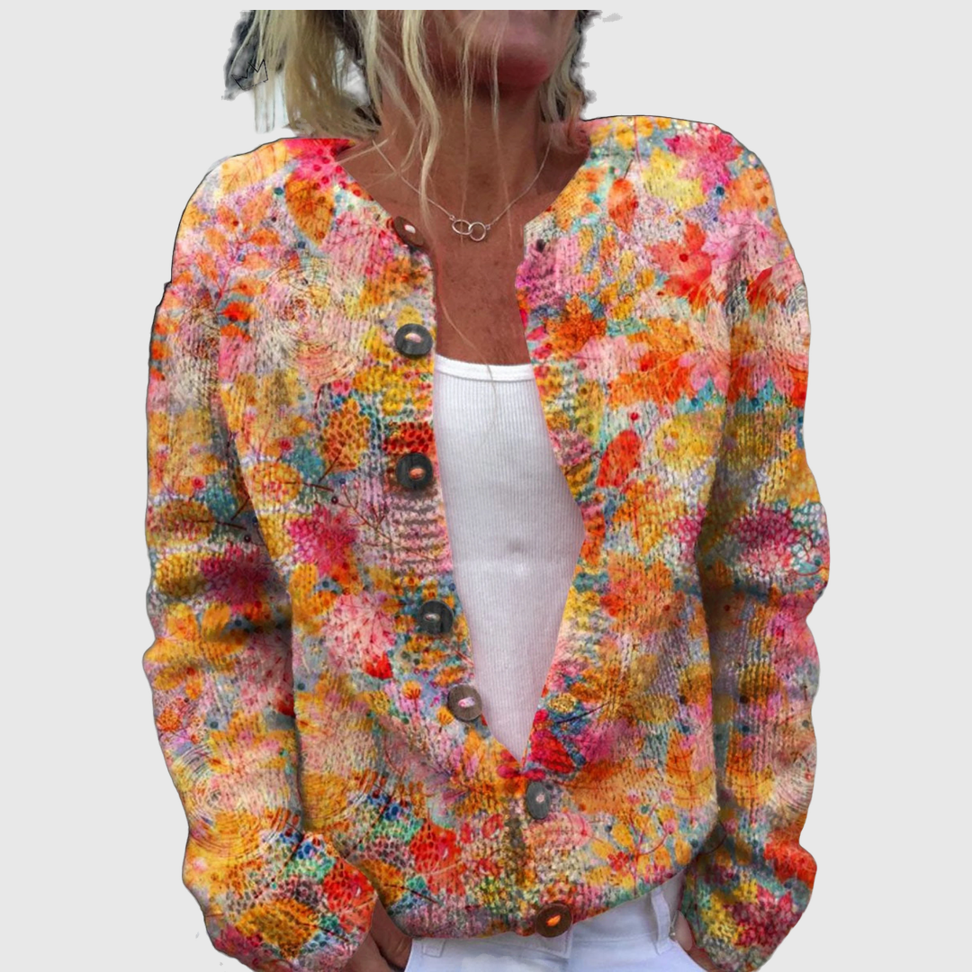 Helena Cardigan mit einem lebendigen Blütenmeer in Pink, Orange und Gelb – Stefan Berlin