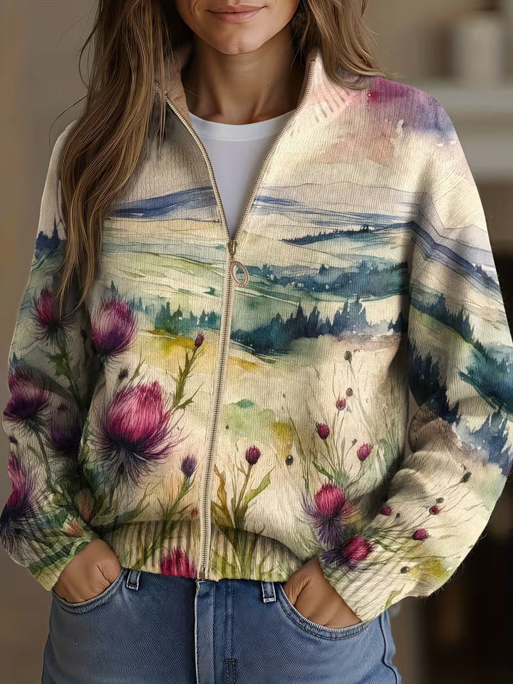 Martina | Zip-Strickjacke mit Landschaftsmotiv