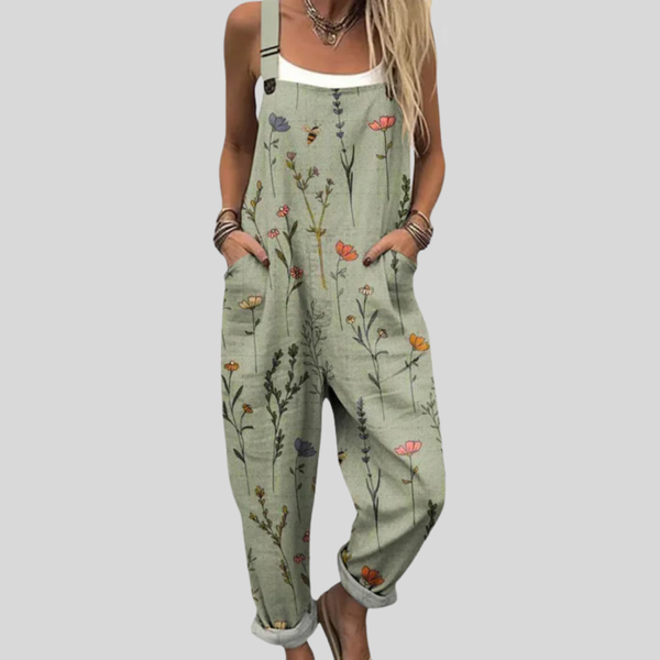 Salbeigrüne Damen-Latzhose mit zartem bunten Wildblumen-Print
