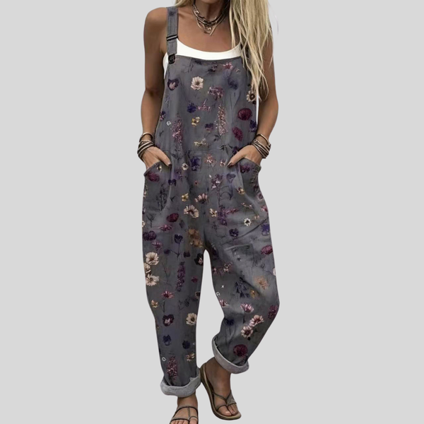 Graue Damen-Latzhose mit buntem, verspieltem Ditsy-Blumenmuster