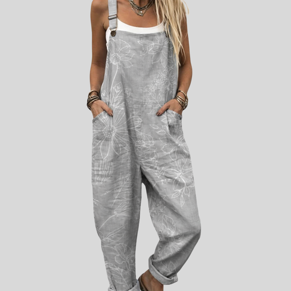 Hellgraue Damen-Latzhose mit verwaschener, melierter Used-Optik