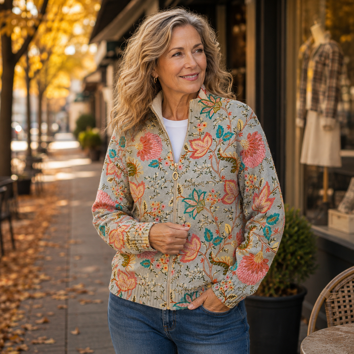 Karin | Zip-Strickjacke mit Vintage-Blüten