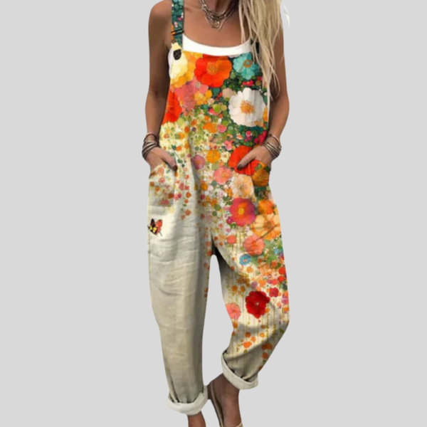 Damen-Latzhose mit dichtem Blütenmeer aus Mohn und Margeriten in Orange und Gelb