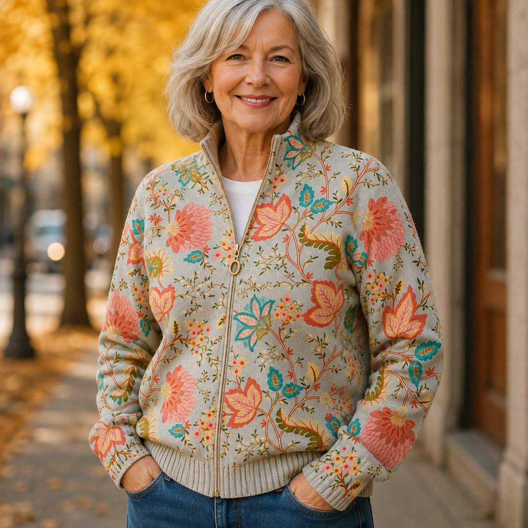 Karin | Zip-Strickjacke mit Vintage-Blüten