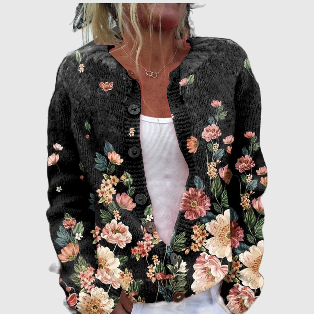 Christa Cardigan mit üppigen Rosen in Rosé und Pfirsich auf tiefem Schwarz – Stefan Berlin