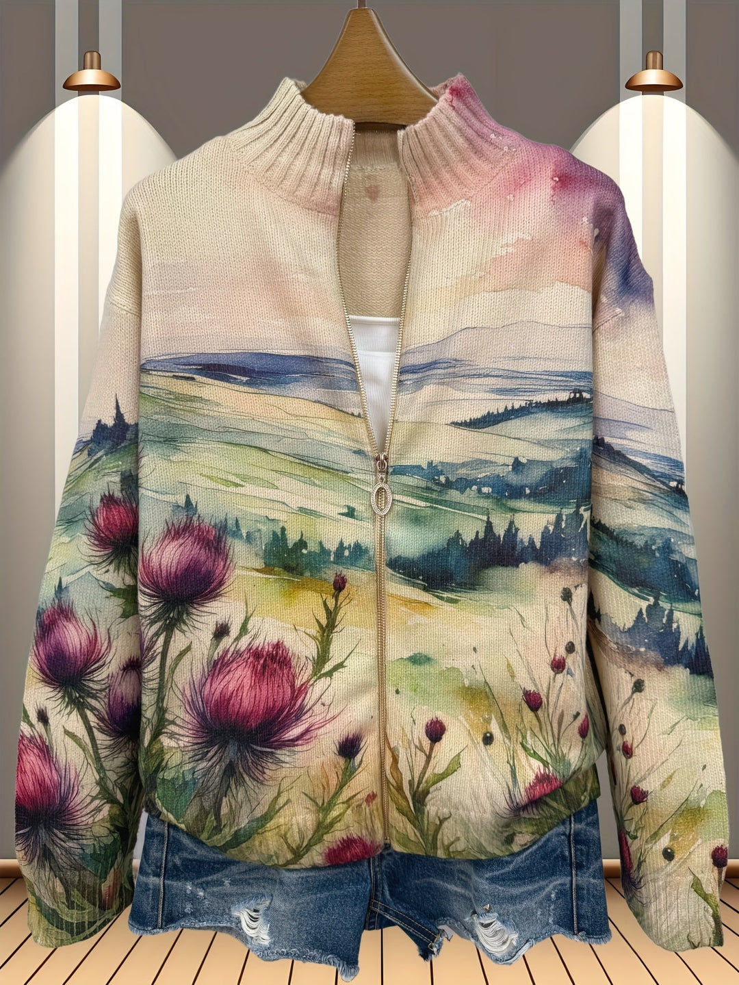 Martina | Zip-Strickjacke mit Landschaftsmotiv
