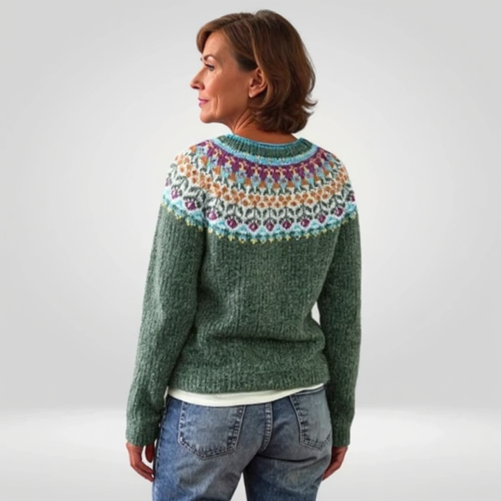 Luise Pullover mit Norwegerpasse in Tannengrün – tiefes Tannengrün mit einer feinen Passe in Rosé, Türkis und Creme – Stefan Berlin