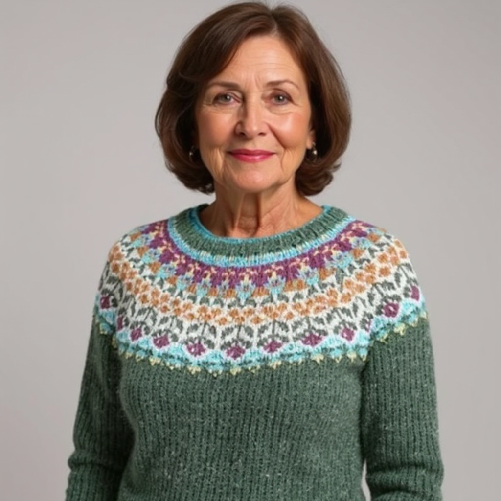 Luise Pullover mit Norwegerpasse in Tannengrün – tiefes Tannengrün mit einer feinen Passe in Rosé, Türkis und Creme – Stefan Berlin