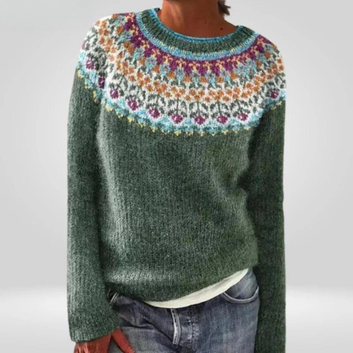 Luise Pullover mit Norwegerpasse in Tannengrün – tiefes Tannengrün mit einer feinen Passe in Rosé, Türkis und Creme – Stefan Berlin