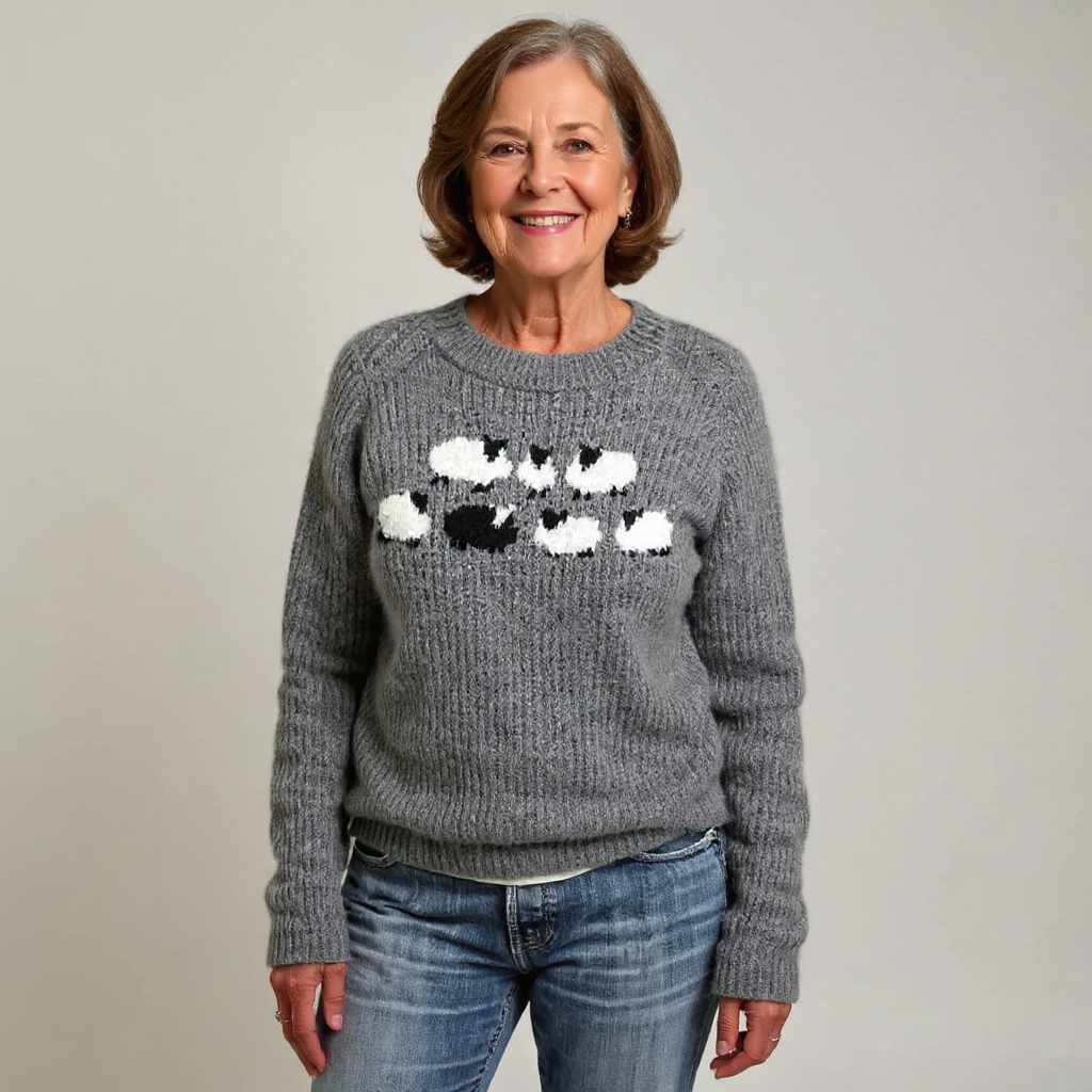 Hildegard Pullover mit Schafen in Grau – weiches Grau mit einer Reihe weißer und schwarzer Schafe über der Brust – Stefan Berlin