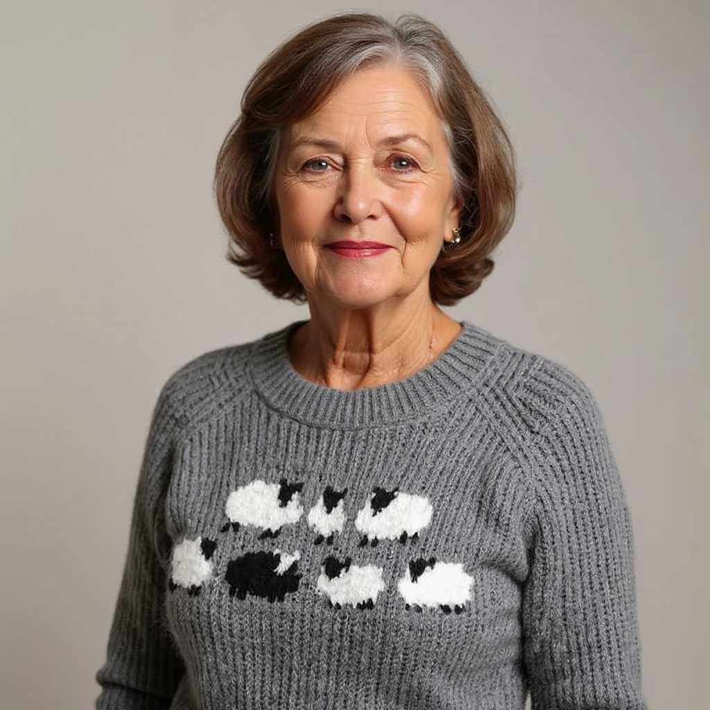Hildegard Pullover mit Schafen in Grau – weiches Grau mit einer Reihe weißer und schwarzer Schafe über der Brust – Stefan Berlin