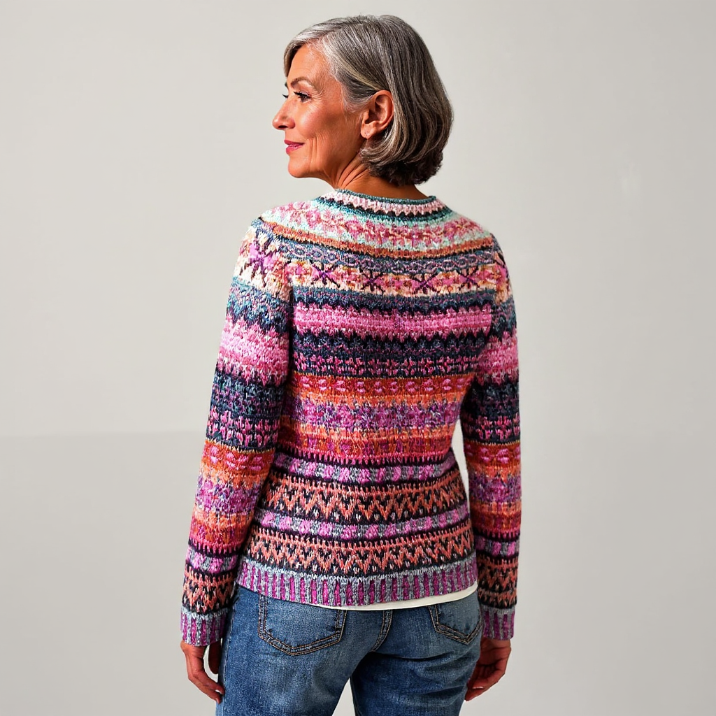 Gundula Pullover im Streifenmix in Pink – ein lebendiger Mix aus schmalen Streifen in Pink, Beere, Grau und Creme – Stefan Berlin
