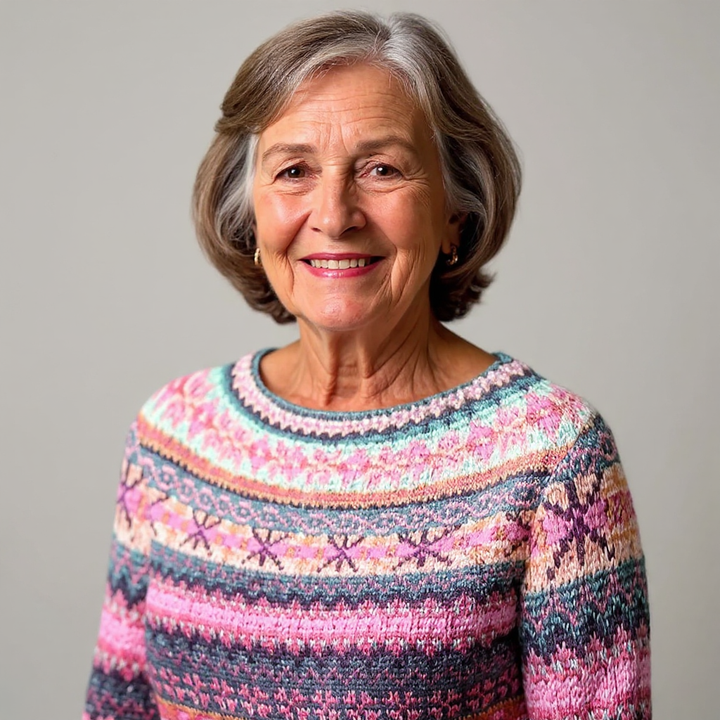 Gundula Pullover im Streifenmix in Pink – ein lebendiger Mix aus schmalen Streifen in Pink, Beere, Grau und Creme – Stefan Berlin