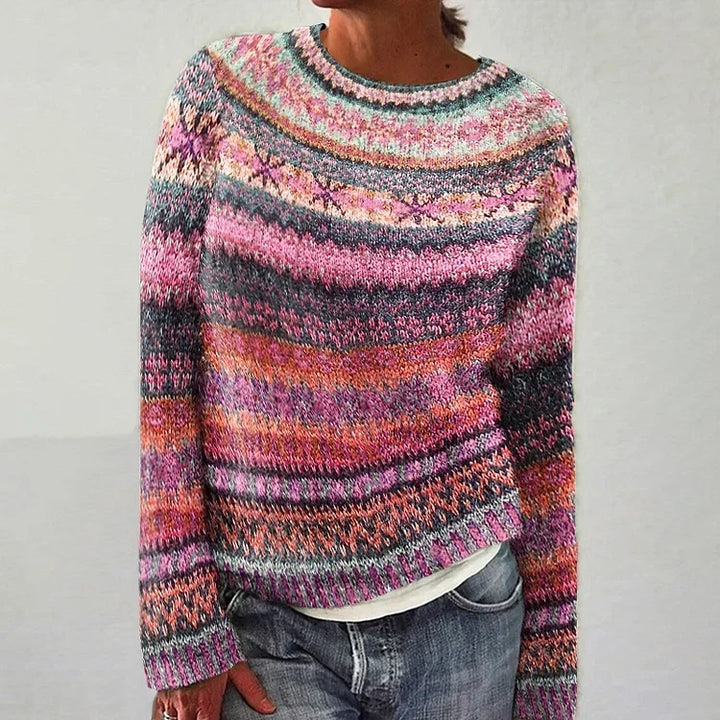 Gundula Pullover im Streifenmix in Pink – ein lebendiger Mix aus schmalen Streifen in Pink, Beere, Grau und Creme – Stefan Berlin