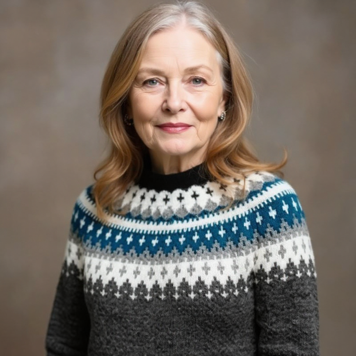 Käthe Langer Pullover mit Norwegersaum – dunkles Anthrazit in längerem Schnitt, mit einem breiten weiß-blauen Norwegerband am Saum – Stefan Berlin