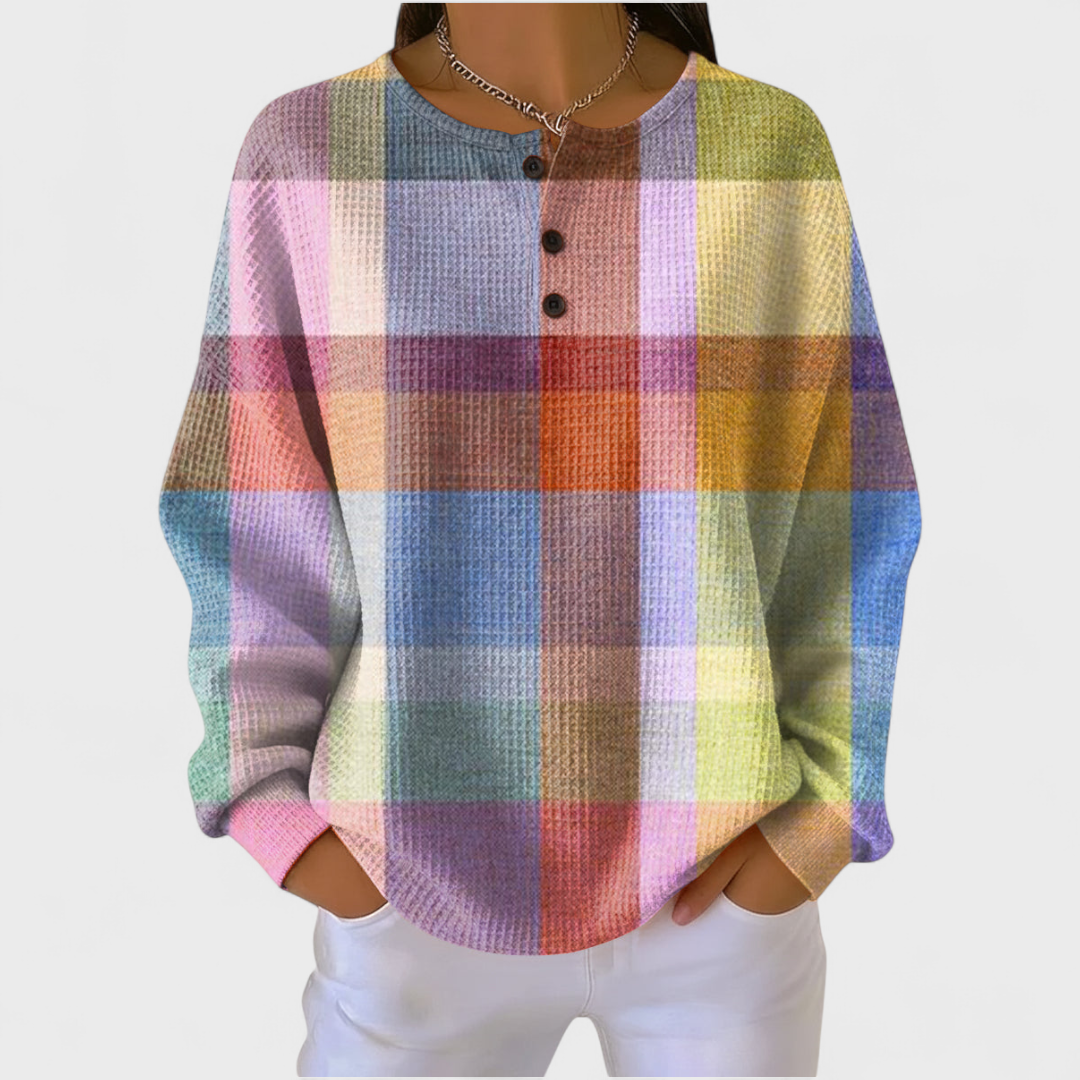 Birgitta Pullover im Aquarell-Karo – ein weiches Karo in Rosa, Gelb, Mint und Flieder, wie mit Wasserfarben gemalt – Stefan Berlin