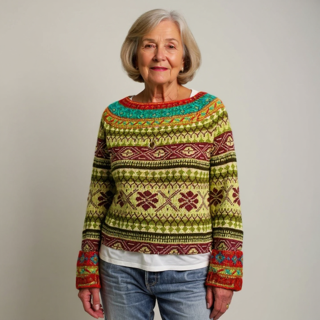 Ingeborg Pullover mit Ornamenten in Oliv – olivgrüner Grund mit dichten Ornamentbändern in Rot, Türkis und Creme über den ganzen Pullover – Stefan Berlin