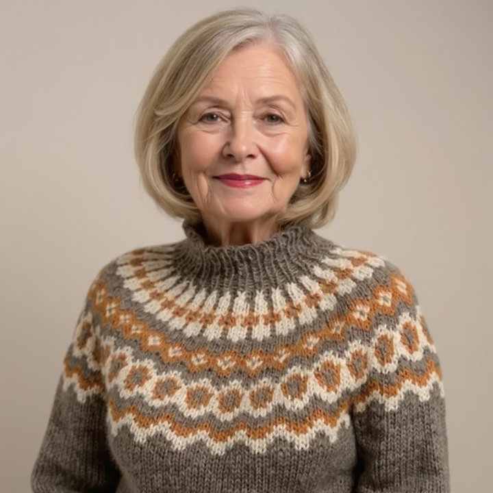 Ellinor Rollkragenpullover im Norweger-Muster – warmes Nussbraun mit einer breiten Passe in Orange, Creme und Weiß und einer wärmenden Rollkragen-Blende – Stefan Berlin