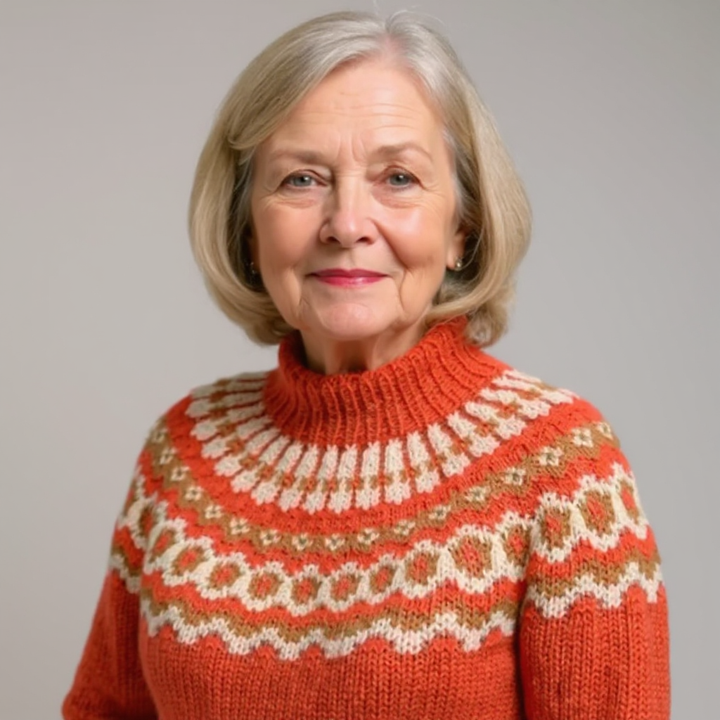 Ellinor Rollkragenpullover im Norweger-Muster – warmes Nussbraun mit einer breiten Passe in Orange, Creme und Weiß und einer wärmenden Rollkragen-Blende – Stefan Berlin
