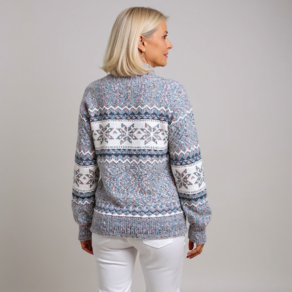 Brunhilde Pullover mit Schneekristallen – zartes Eisblau mit einem breiten weißen Band aus großen Schneekristallen über der Brust – Stefan Berlin