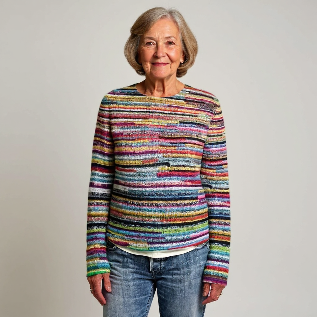 Herta Pullover in feinen Regenbogenstreifen – schmale Streifen in vielen Farben – von Rot und Blau über Gelb bis Grün – Stefan Berlin