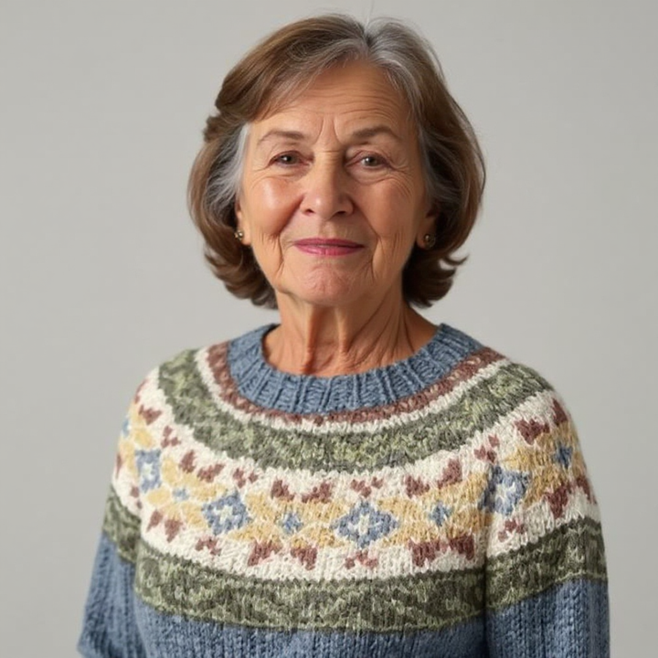 Kornelia Pullover mit Blütenpasse in Graublau – ruhiges Graublau mit einer Passe aus olivgrünen und cremefarbenen Blüten – Stefan Berlin