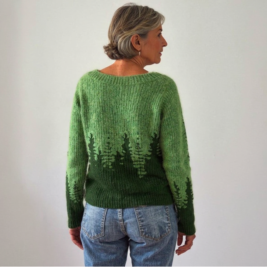 Adelheid Pullover mit Tannen in Waldgrün – tiefes Waldgrün mit einer Reihe dunkler Tannen, die sich über Brust und Rücken zieht – Stefan Berlin