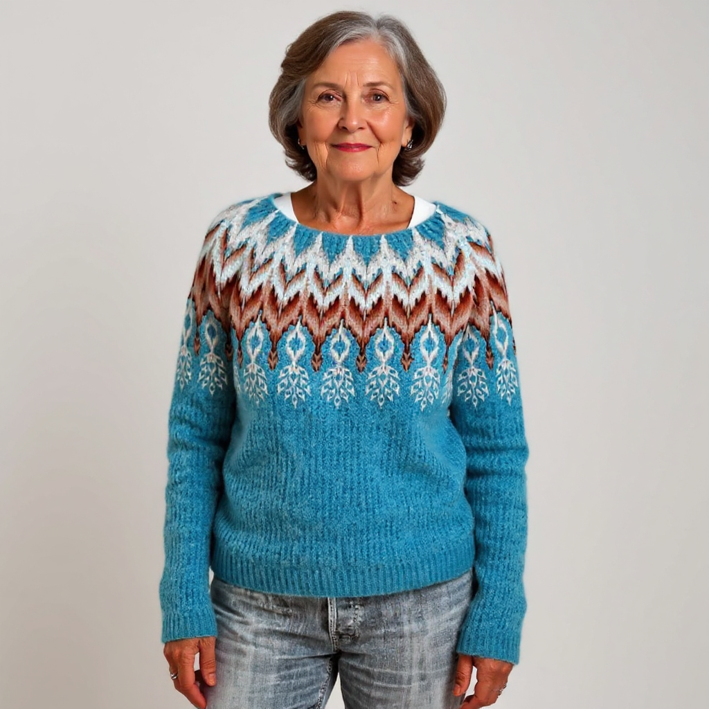 Grit Pullover mit Norwegerpasse in Petrol – leuchtendes Petrol mit einer Passe in Rostrot, Creme und Grau – Stefan Berlin