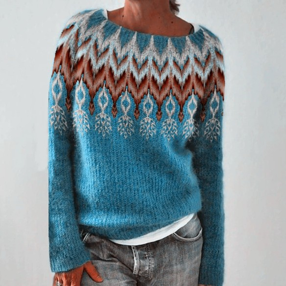 Grit Pullover mit Norwegerpasse in Petrol – leuchtendes Petrol mit einer Passe in Rostrot, Creme und Grau – Stefan Berlin