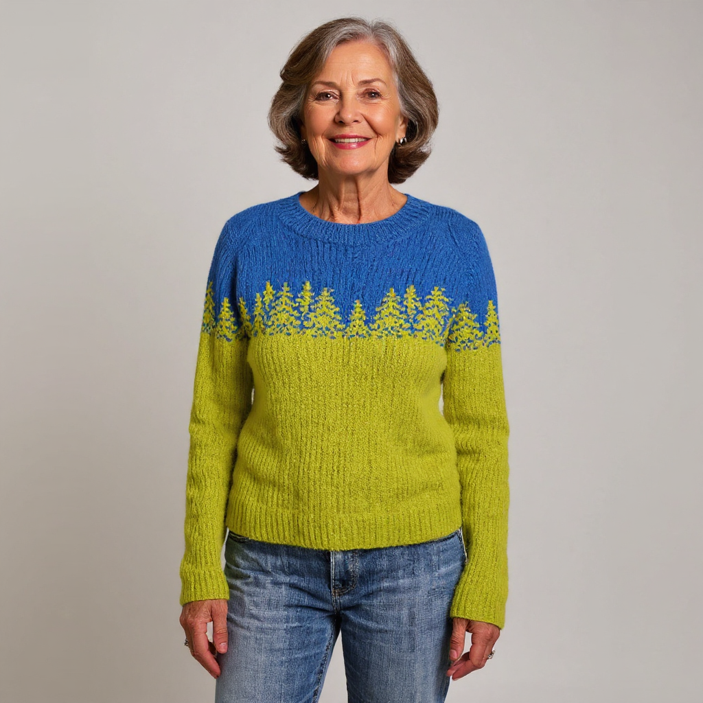 Bärbel Pullover mit Tannen in Limette – ein kräftiger Verlauf von Blau an den Schultern zu leuchtendem Limettengelb, mit einer Silhouette aus Tannen dazwischen – Stefan Berlin