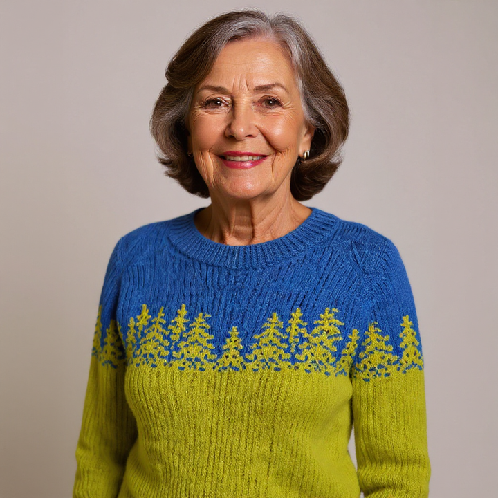 Bärbel Pullover mit Tannen in Limette – ein kräftiger Verlauf von Blau an den Schultern zu leuchtendem Limettengelb, mit einer Silhouette aus Tannen dazwischen – Stefan Berlin