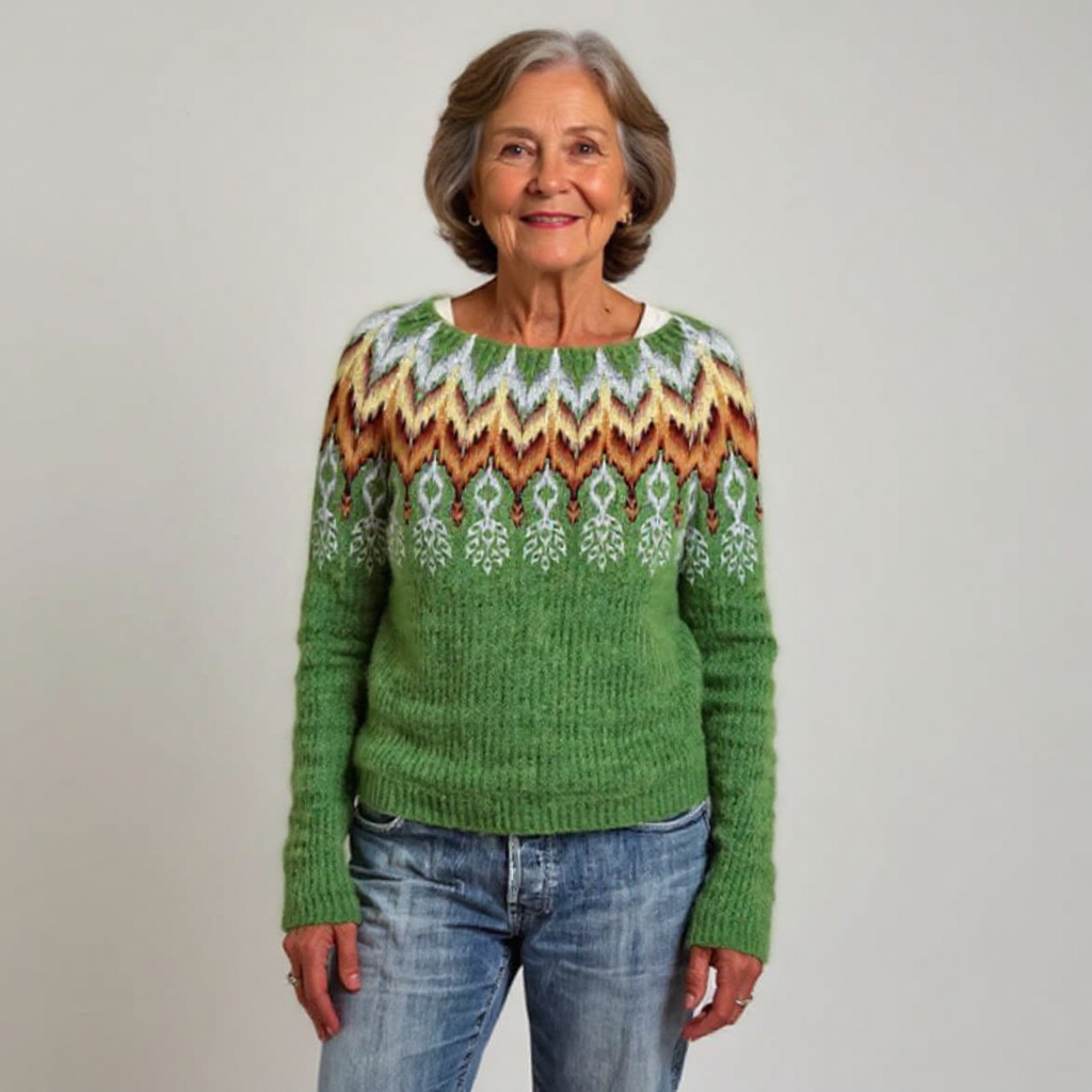 Friederike Pullover mit Norwegerpasse in Grün – kräftiges Grün mit einer breiten Passe in Orange, Creme und Grau im klassischen Norwegermuster – Stefan Berlin