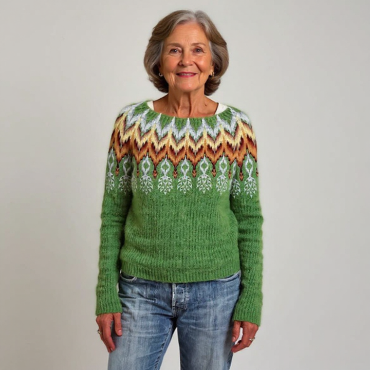 Friederike Pullover mit Norwegerpasse in Grün – kräftiges Grün mit einer breiten Passe in Orange, Creme und Grau im klassischen Norwegermuster – Stefan Berlin