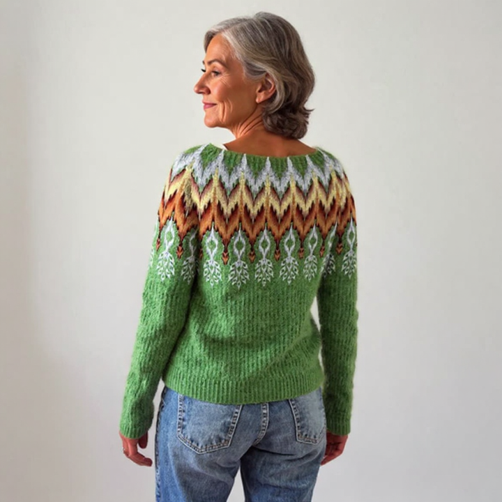Friederike Pullover mit Norwegerpasse in Grün – kräftiges Grün mit einer breiten Passe in Orange, Creme und Grau im klassischen Norwegermuster – Stefan Berlin