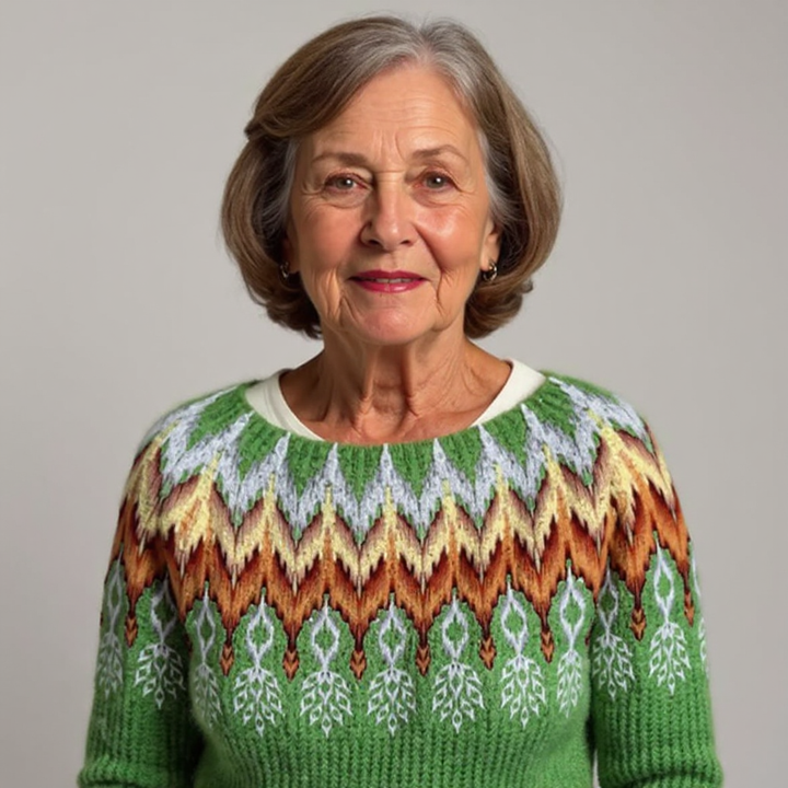 Friederike Pullover mit Norwegerpasse in Grün – kräftiges Grün mit einer breiten Passe in Orange, Creme und Grau im klassischen Norwegermuster – Stefan Berlin