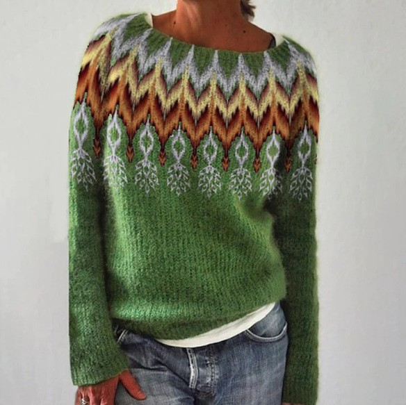 Friederike Pullover mit Norwegerpasse in Grün – kräftiges Grün mit einer breiten Passe in Orange, Creme und Grau im klassischen Norwegermuster – Stefan Berlin