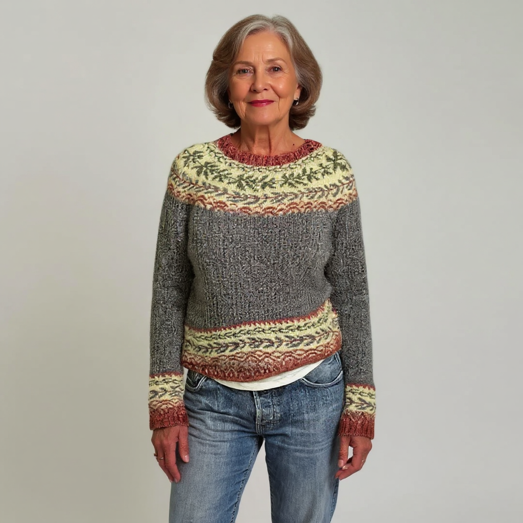 Gertrud Pullover mit Blattmuster in Oliv – warmes Graubraun mit olivgrünen und gelben Blattranken an Passe und Saum – Stefan Berlin