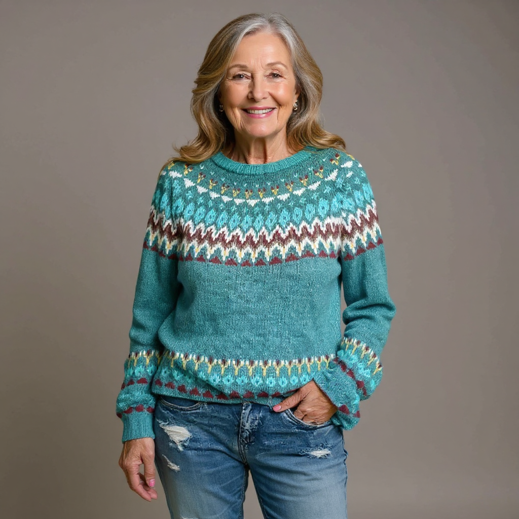 Marlis Pullover mit Norwegerpasse in Türkis – helles Türkis mit breiten Bändern in Creme, Rostrot und Braun an Passe und Saum – Stefan Berlin