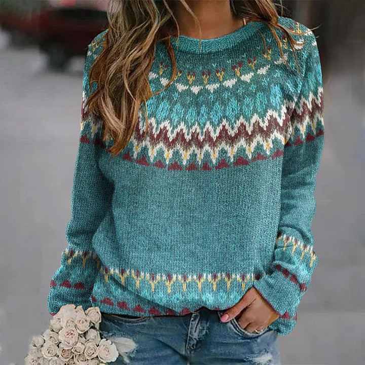 Marlis Pullover mit Norwegerpasse in Türkis – helles Türkis mit breiten Bändern in Creme, Rostrot und Braun an Passe und Saum – Stefan Berlin