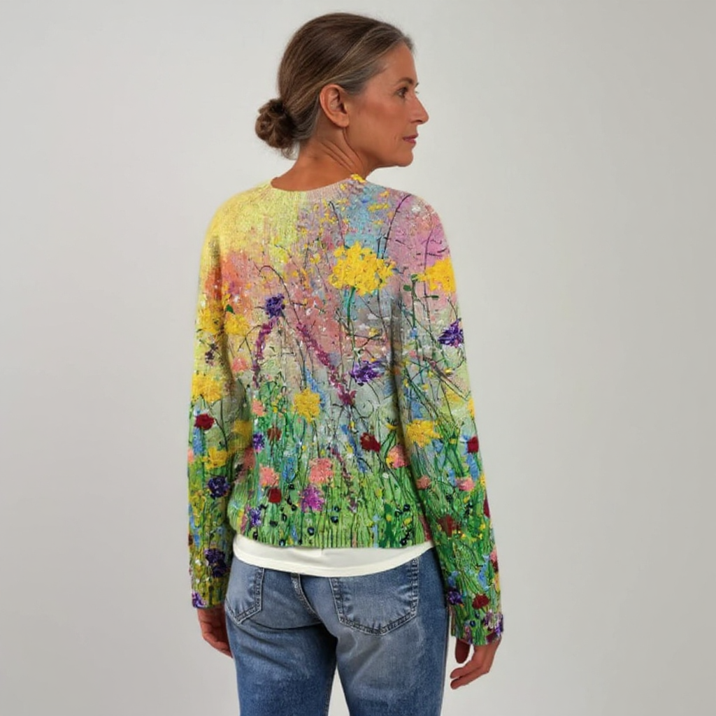 Lieselotte Pullover mit Blumenwiese – warmes Grau mit einer gemalten Blumenwiese in Gelb, Rosa und Blau, die vom Saum nach oben blüht – Stefan Berlin