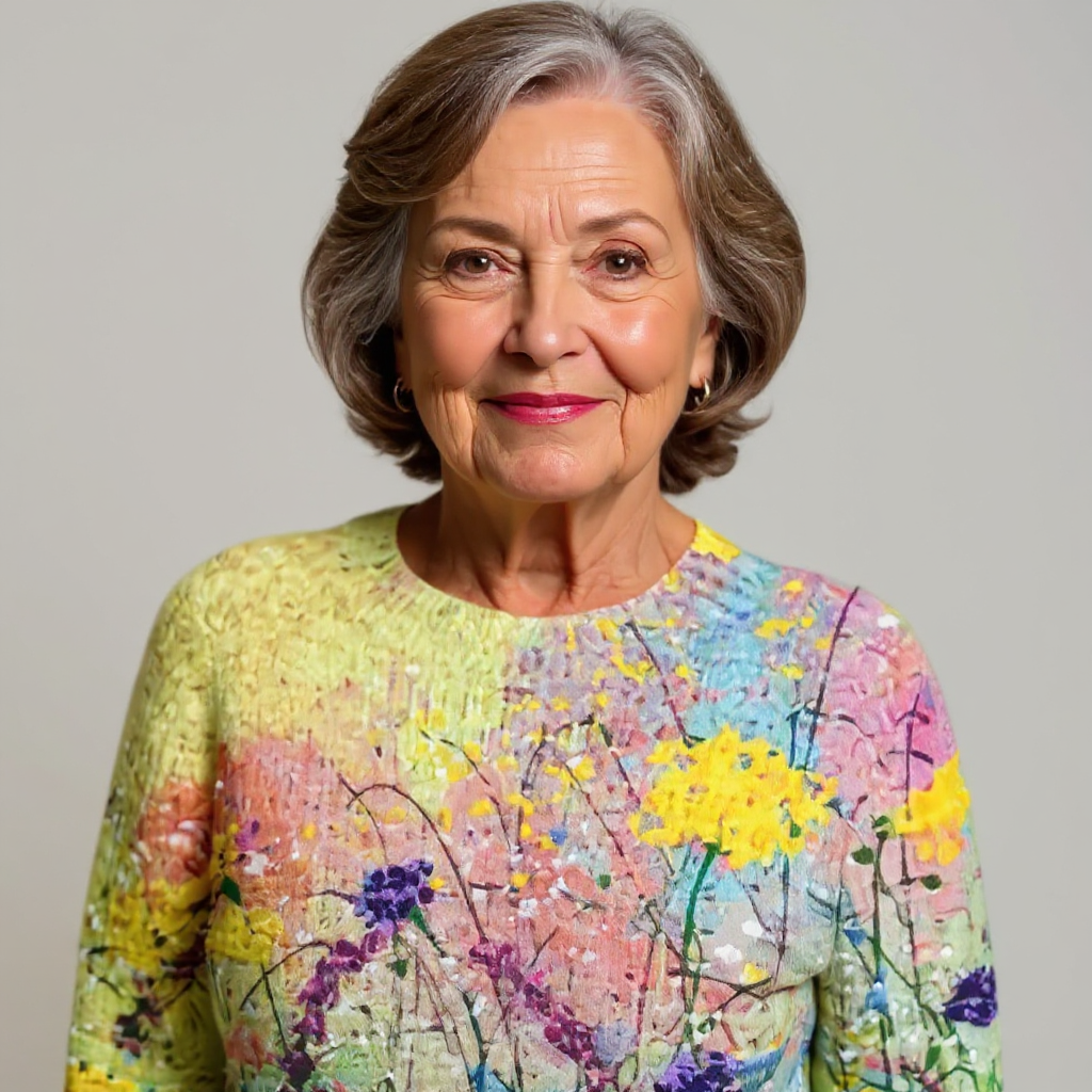 Lieselotte Pullover mit Blumenwiese – warmes Grau mit einer gemalten Blumenwiese in Gelb, Rosa und Blau, die vom Saum nach oben blüht – Stefan Berlin