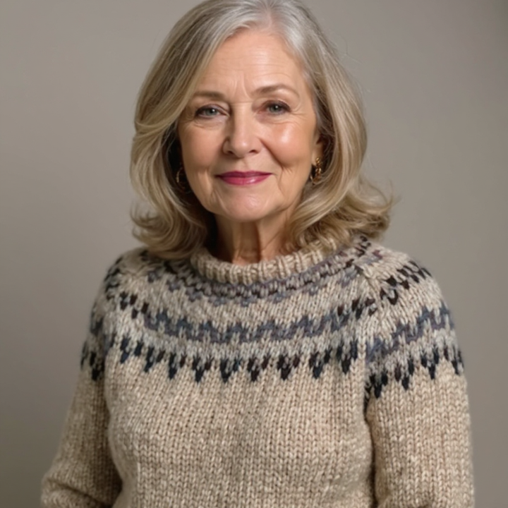 Helma Pullover mit Norwegerpasse in Beige – ruhiges Sandbeige mit einer Passe in Schwarz, Grau und Weiß – Stefan Berlin