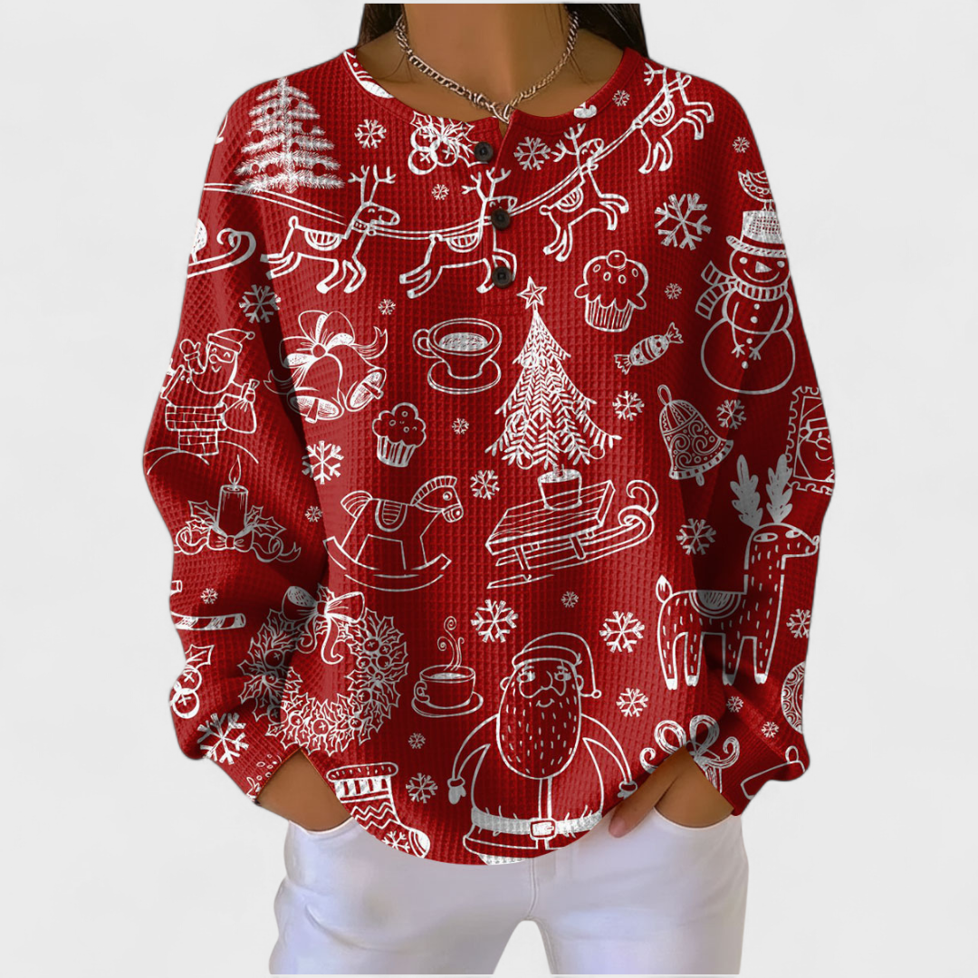 Dörthe Pullover mit Weihnachtsmotiven in Rot – kräftiges Rot mit fein gezeichneten Bäumen, Schlitten, Tassen und Sternen in Weiß – Stefan Berlin