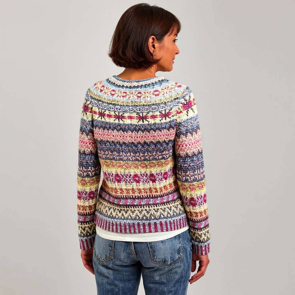 Anneliese Pullover im Norweger-Streifenmix – waagerechte Streifen in gedeckten Rosé-, Ocker- und Grautönen mit feinem Norwegermuster an der Passe – Stefan Berlin