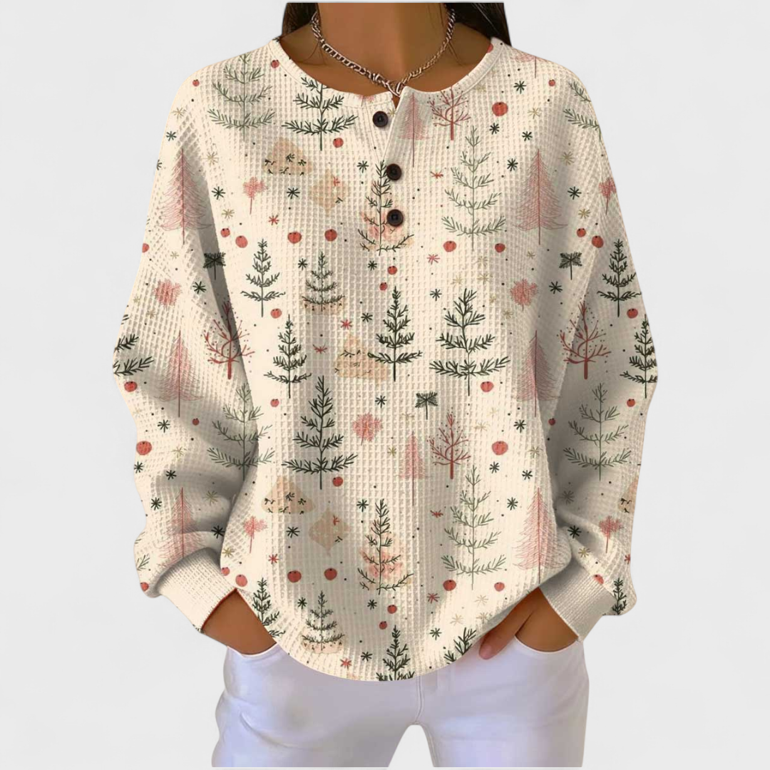 Ingelore Pullover mit Zweigen auf Creme – heller Cremeton mit fein gezeichneten Tannenzweigen und kleinen Punkten – Stefan Berlin