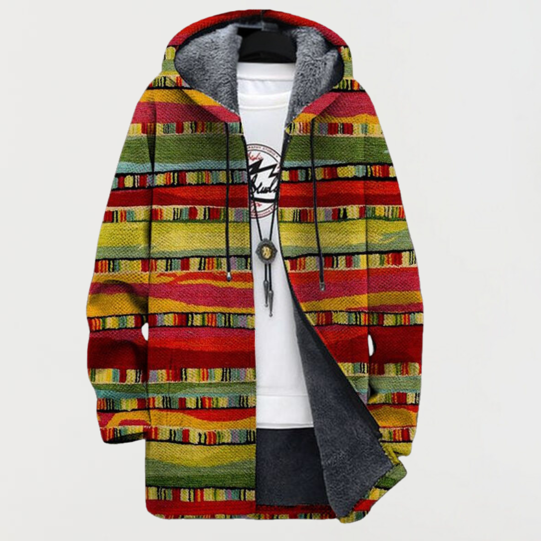 Damen Kapuzenjacke mit Ethno-Streifen in Rot und Grün