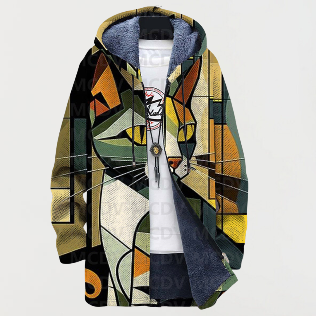 Damen Kapuzenjacke mit Katzengesicht in Oliv und Senf