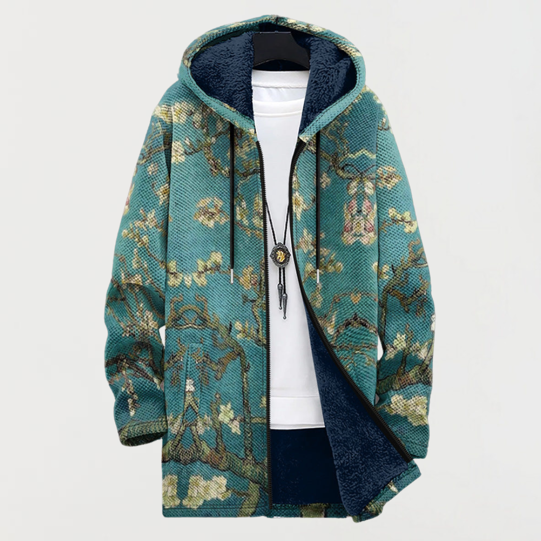 Damen Kapuzenjacke in Petrol mit goldenen Blütenzweigen