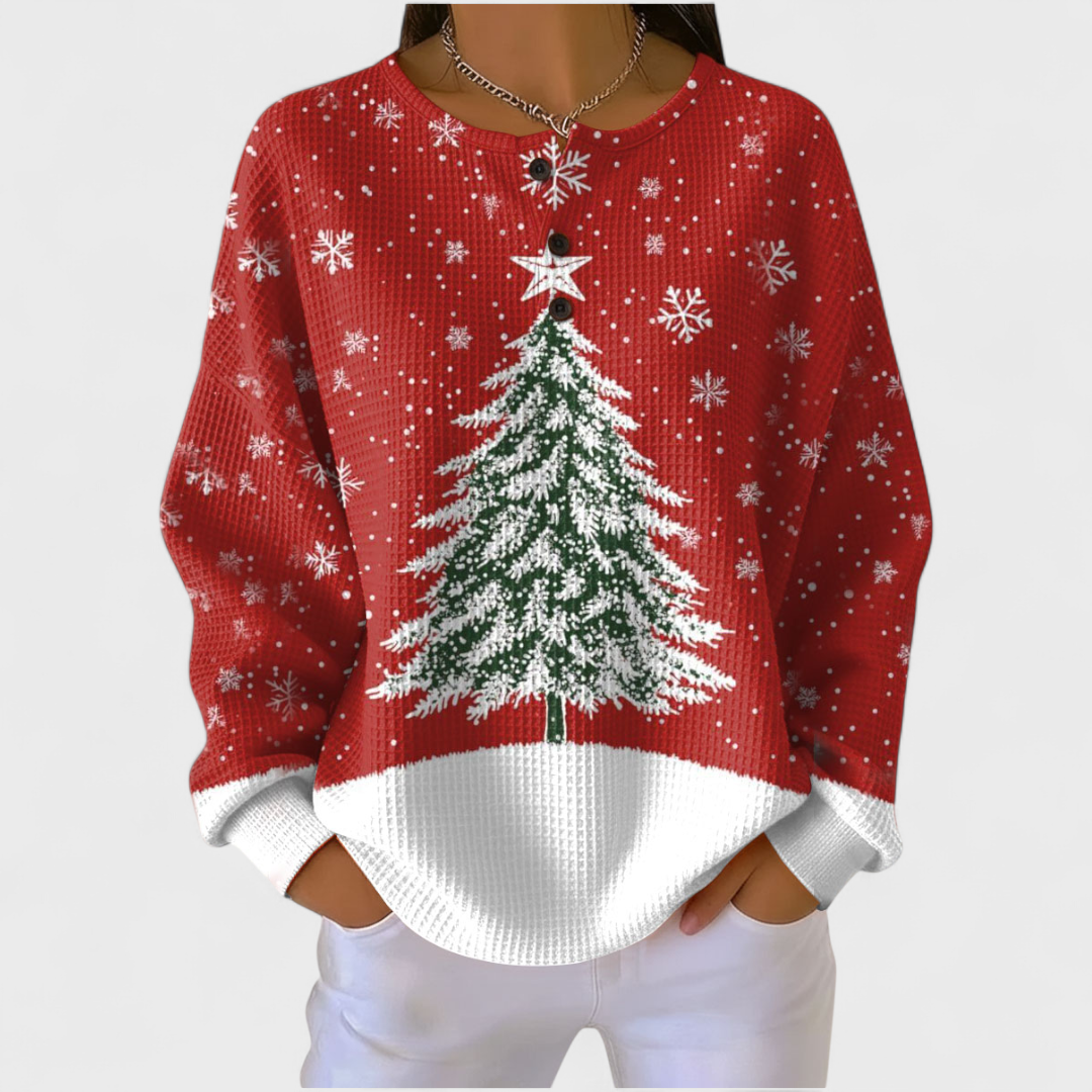 Hermine Pullover mit Tannenbaum in Rot – kräftiges Rot mit einem großen weiß-grünen Tannenbaum und Schneeflocken – Stefan Berlin